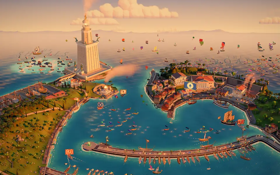 The PharosVille harbour at golden hour: a lighthouse headland, a town on the quay and a bay of stablecoin boats. Illustration, not live readings.